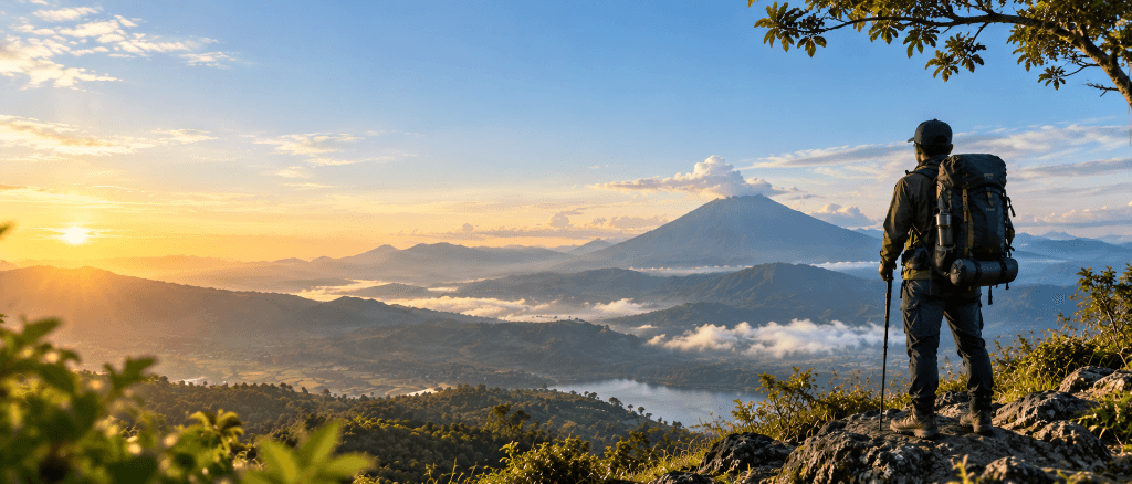 Pemandangan lanskap pegunungan dan pendaki PPT Adventure saat matahari terbit